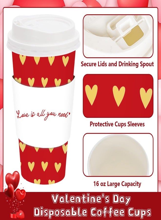 JarThenaAMCS مجموعة JarThenaAMCS المكونة من 48 كوب قهوة ورقية للاستخدام مرة واحدة، مع أغطية وأكمام، باللونين الأحمر والذهبي، مزينة بقلوب، مثالية لعيد الحب وحفلات الزفاف. - Image 3